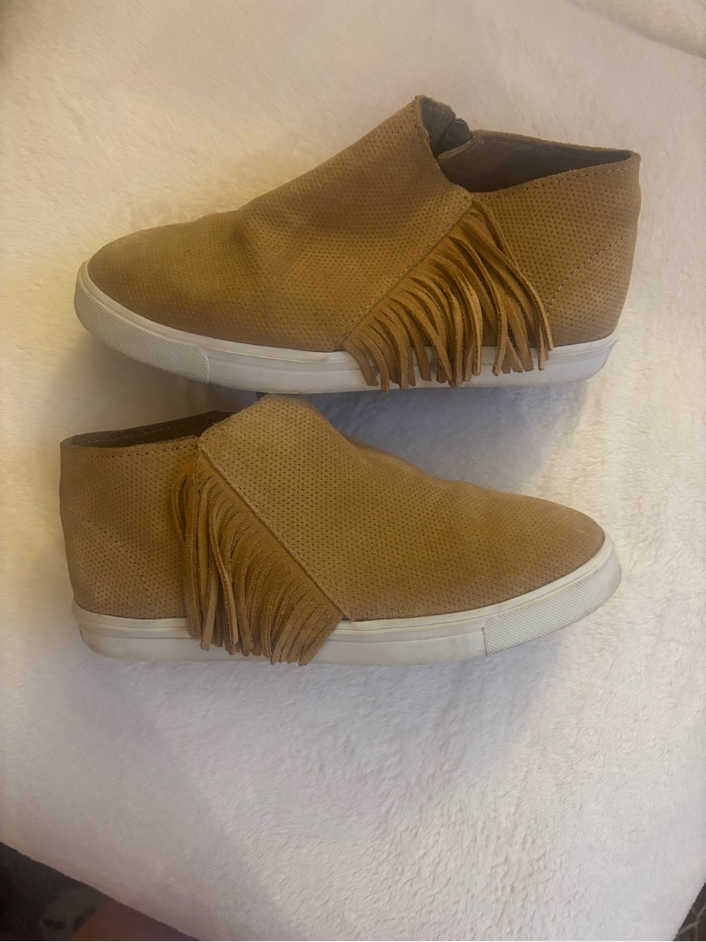 Minnetonka Tan Fringe Slip-On Sneakers